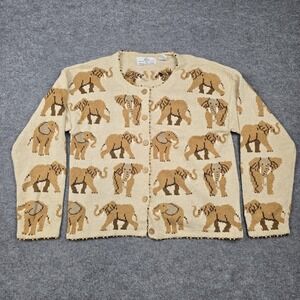 Design Options Cardigan Womens Medium Beige‎ Elephant Beaded Knit Sweater Rare